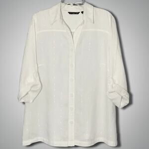 Saint Tropez West Ivory Linen Blouse Cuban Button Front Roll Tab Sleeve Plus 2X